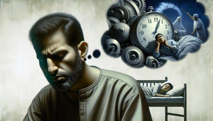 Low Testosterone Symptoms in Men: A tired man at desk, clock late; couple distant on bed, one sad; thought bubble with dark clouds.