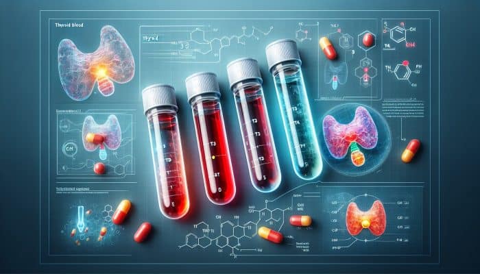 Thyroid Blood Test in Loughborough:Illustration of thyroid blood test vials labeled T3, T4, TSH, with thyroid gland and metabolism diagram.