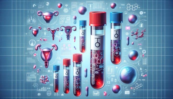 Illustration of testosterone blood test with vials, reproductive systems, and charts on muscle, energy, mood.