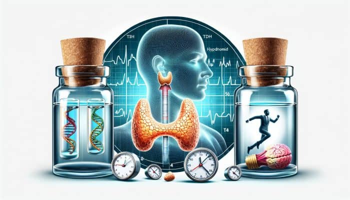 Thyroid Blood Test in Newquay: A medical illustration of a thyroid gland with blood vials labeled TSH, T4, T3, showing symptoms of hypothyroidism and hyperthyroidism.