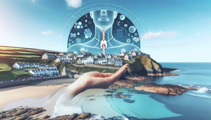 A coastal clinic in Newquay offering thyroid blood tests, with beaches and blue skies.