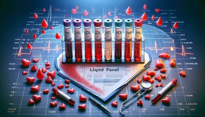 Cholesterol Blood Test in Oxford: Illustration of a lipid panel test with vials labeled total, LDL, HDL cholesterol, and triglycerides, on a heart-shaped background.
