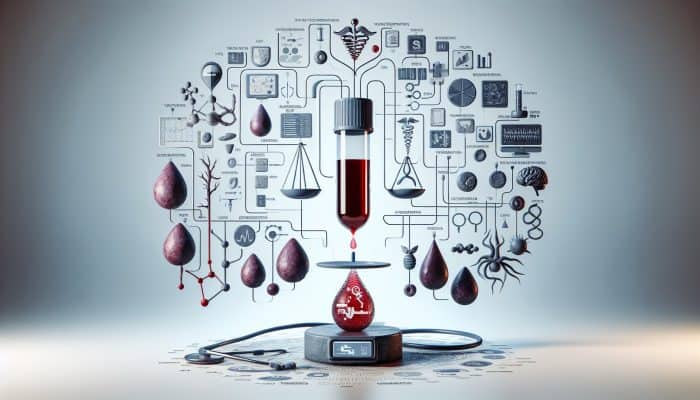 Testosterone Blood Test in Portsmouth: A medical illustration showing a testosterone blood test measuring total testosterone levels, linked to conditions like hypogonadism and infertility.