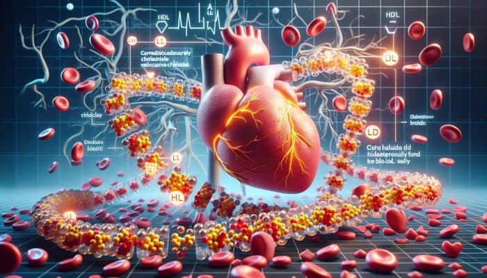 Cholesterol Blood Test in Poole: Illustration of HDL and LDL cholesterol molecules interacting with blood vessels and a heart diagram, representing cardiovascular health monitoring.