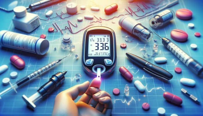 Diabetes Blood Test in Peterborough: A close-up of a glucose meter measuring blood sugar from a finger prick, surrounded by diabetes management tools.