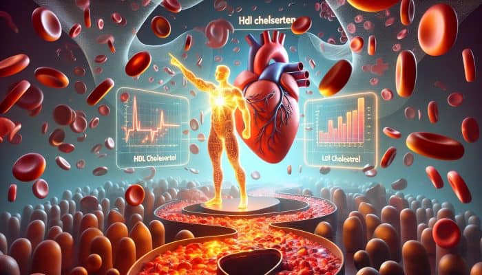 Infographic showing HDL as a hero clearing cholesterol from bloodstream, LDL as villain causing artery plaque buildup.