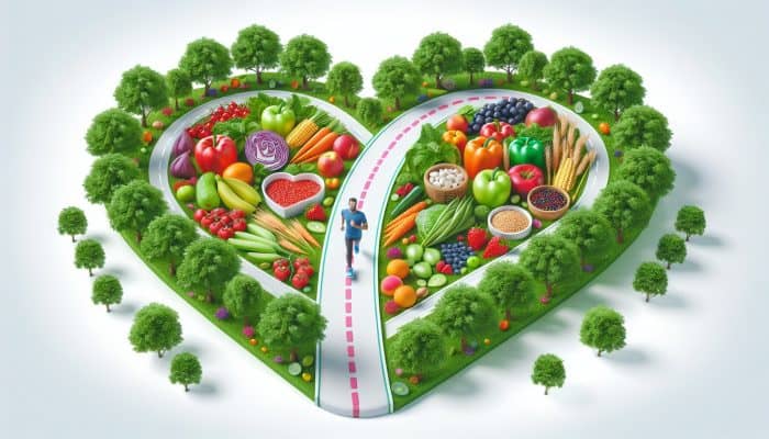 A person jogging in a park with fruits, vegetables, and whole grains, symbolizing a heart-healthy lifestyle for cholesterol management.
