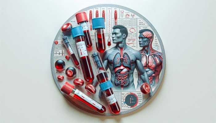 Testosterone Blood Test in St Helens: Illustration of testosterone blood test with vials, charts, and anatomical diagrams showing effects on male and female physiology.