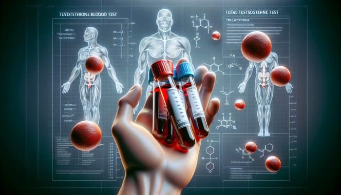 Testosterone Blood Test in Scunthorpe: Illustration of testosterone blood test vials labeled with free and total levels, with male anatomy diagrams.