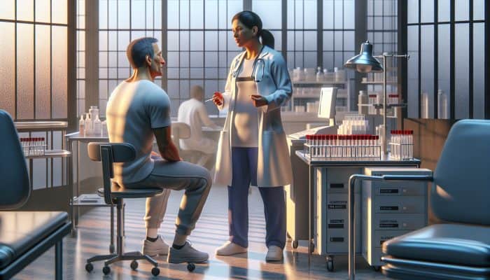 A patient in a medical lab, fasting, discussing medications with a provider before a morning testosterone test.
