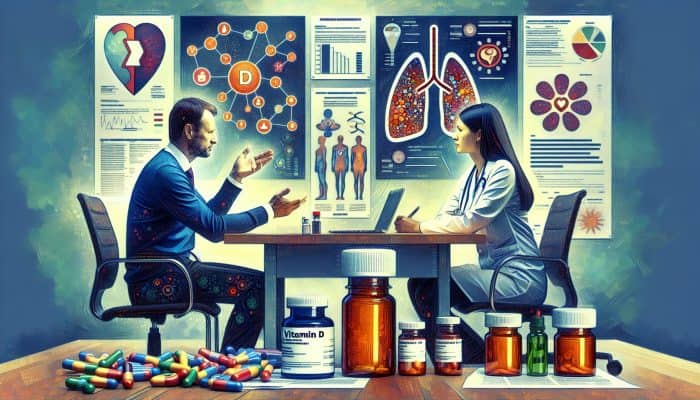A person discussing vitamin D test preparations with a healthcare provider, medical charts and supplements on table.