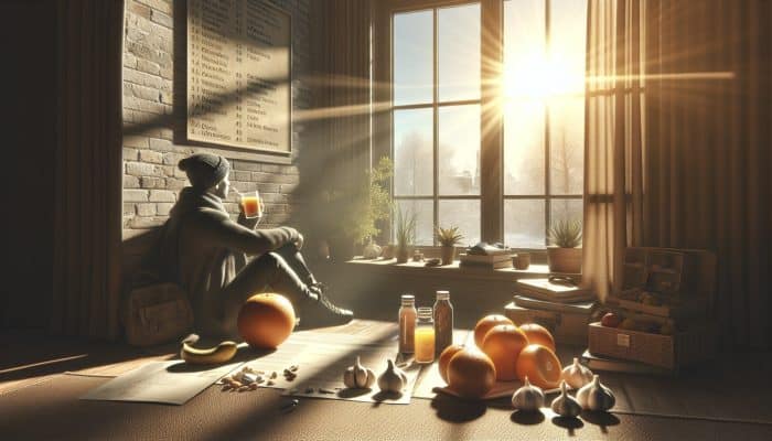 A person in a sunlit room in Scarborough absorbing sunlight for vitamin D, with immune-boosting foods nearby, on a cold winter day.