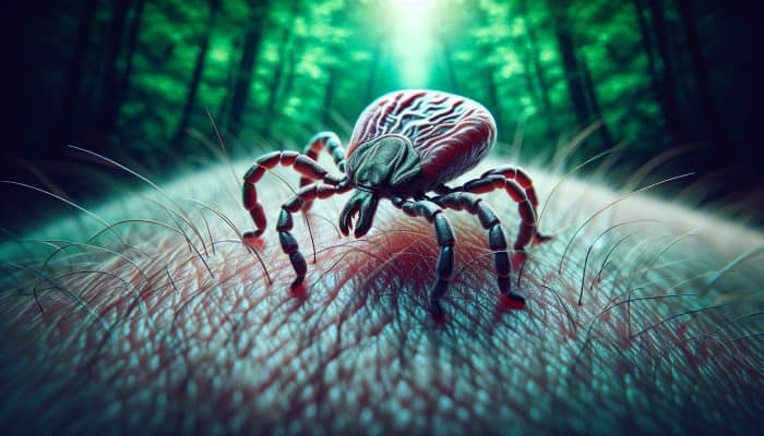 Lyme Disease Blood Test in Fleet: Ixodes ricinus tick on skin, blurred vegetation background, symbolizing Lyme disease risk in rural areas.
