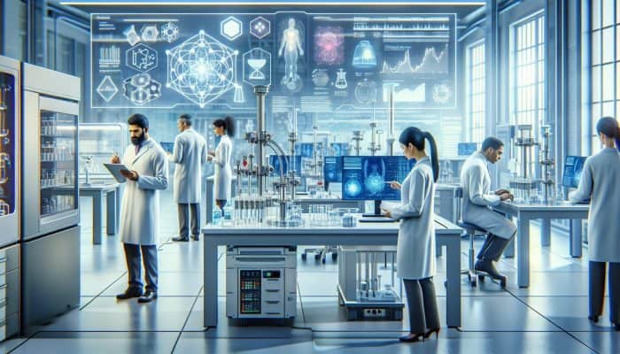 Modern lab in Farnworth with professionals analyzing full blood count results, focusing on precision and expertise.