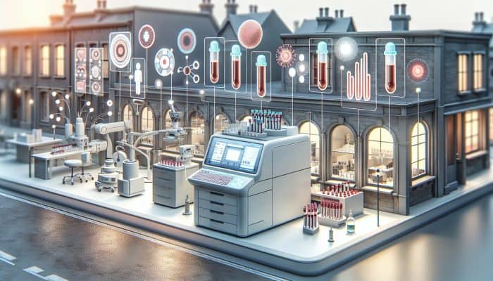 Modern lab in Farnworth with automated analysers processing samples, showing rapid results on screens.