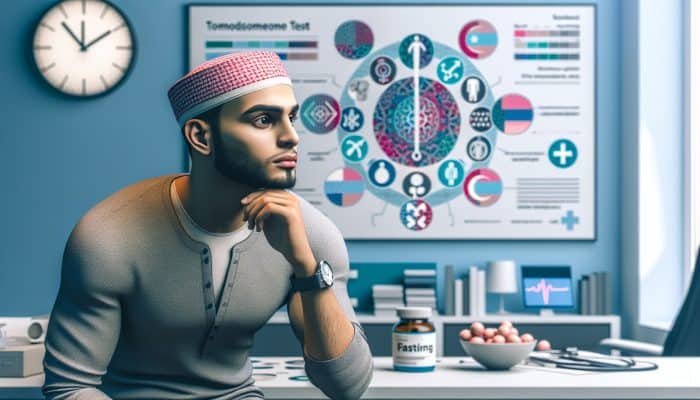 A person in a medical setting contemplating, with a clock showing early morning, surrounded by healthcare instructions for a testosterone test.