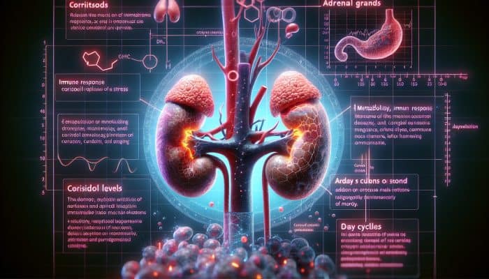 Cortisol Blood Test in Rochdale: Anatomical illustration of adrenal glands releasing cortisol, showing its effects on metabolism, immunity, and stress, with a graph of daily cortisol levels.