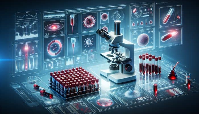Full Blood Count in Ferndown: A medical lab scene with vials of blood, a microscope, and charts showing blood cell counts and platelet levels.