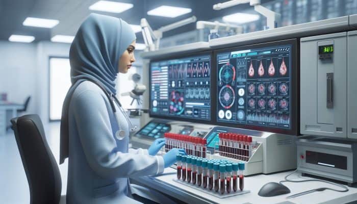 A medical lab technician in Ferndown conducting a full blood count test with advanced equipment and charts.