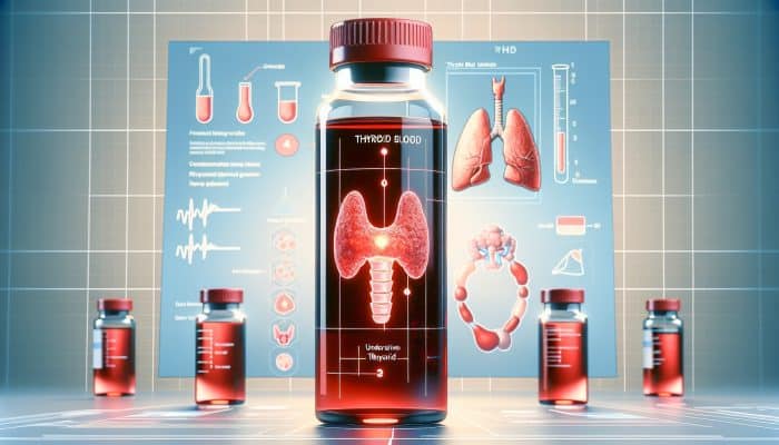 Thyroid Blood Test in Keighley: Illustration of thyroid blood tests with vials and diagrams of underactive and overactive thyroid glands in a lab.