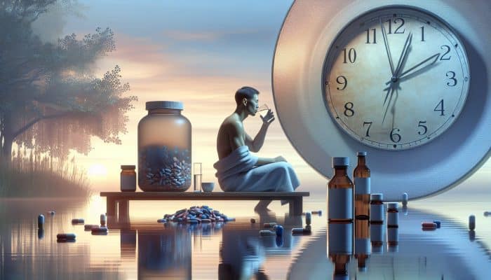 A person drinking water early morning, with medications and a clock, preparing for a thyroid blood test.