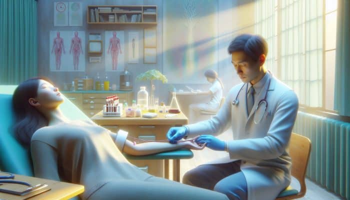 A healthcare professional drawing blood from a patient's arm in a serene medical setting.