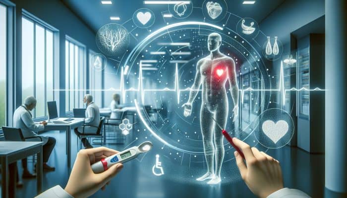 Cholesterol Blood Test in Witham: Person undergoing cholesterol test in clinic, chart showing levels, heart health symbols, Witham healthcare backdrop.