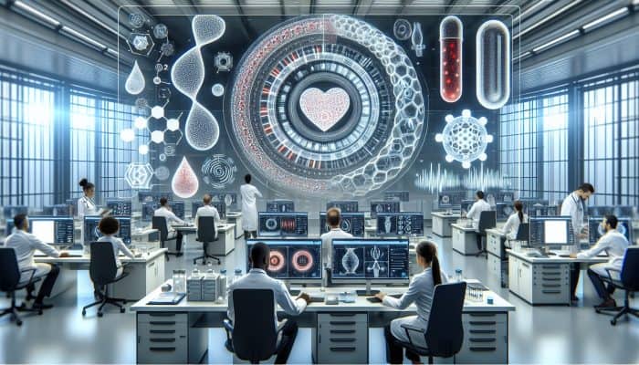 Illustration of cholesterol blood test in Witham lab, experts analyzing results on screens.