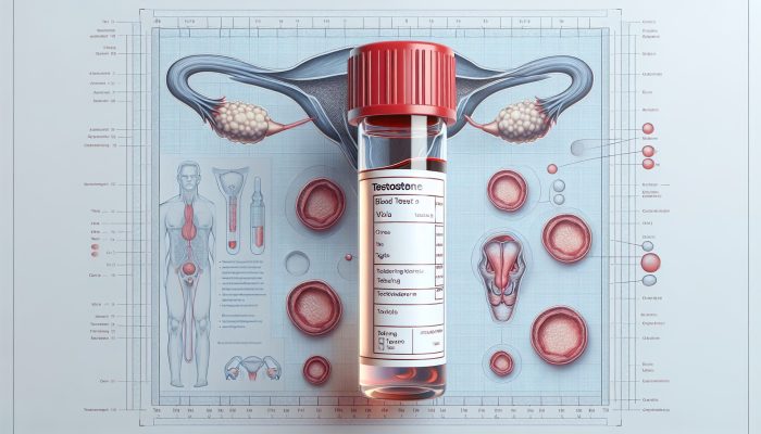 Testosterone Blood Test in Billericay: A vial labeled 'Testosterone' with anatomical diagrams of testes and ovaries, and graphs of testosterone levels.