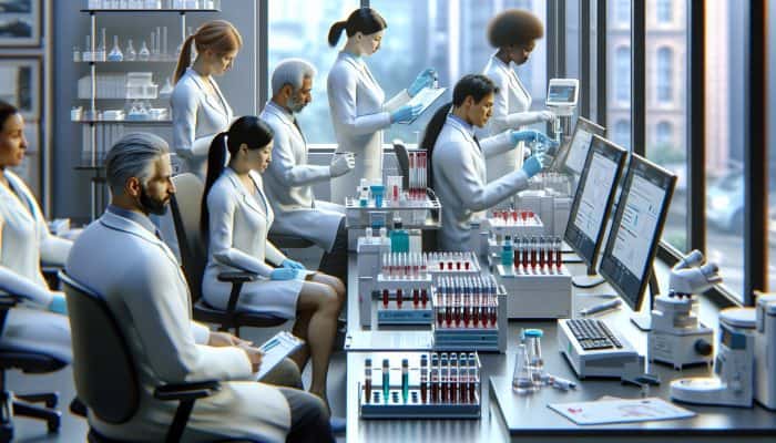 Modern lab in Billericay with experts analyzing testosterone levels using advanced equipment.