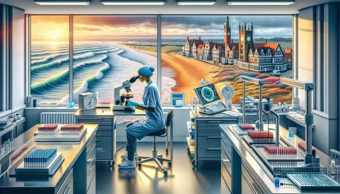 Illustration of a technician analyzing a pregnancy blood test in a Harwich lab, with coastal scenery.