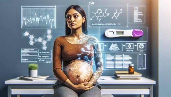 A medical chart displaying pregnancy test results with hCG levels in a modern doctor's office.