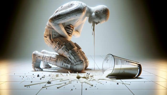 Dairy Intolerance Test in Trowbridge: Person clutching stomach in pain, shattered milk glass on floor, symbolizing dairy intolerance effects.
