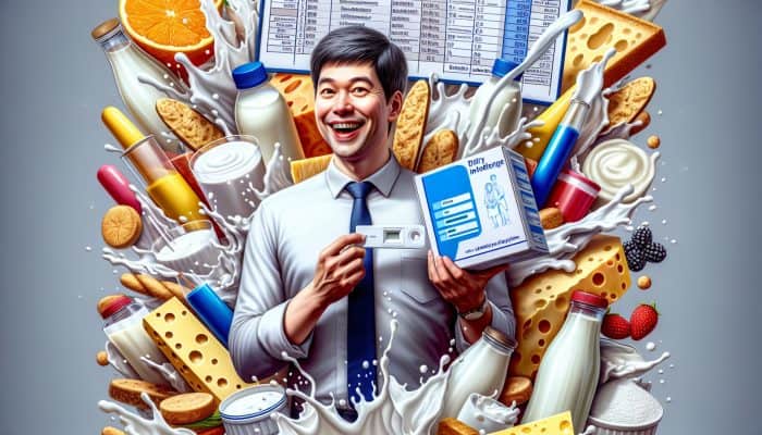 Person holding dairy intolerance test kit, surrounded by milk, cheese, yogurt, with test results background.