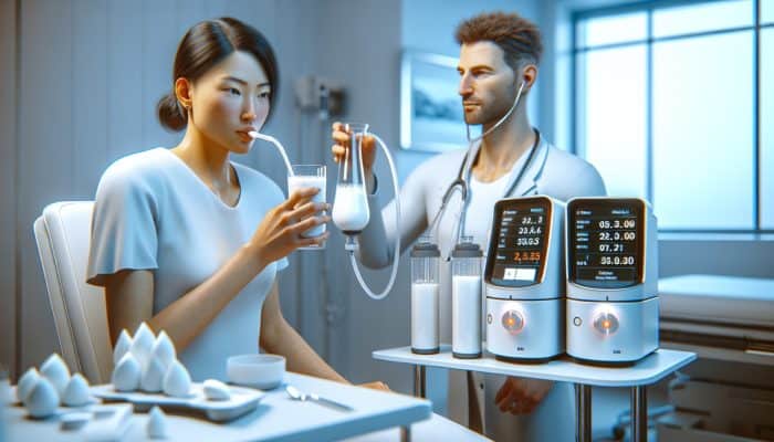 A person undergoing a dairy intolerance test, sipping a lactose drink while medical equipment measures breath hydrogen and blood glucose levels.