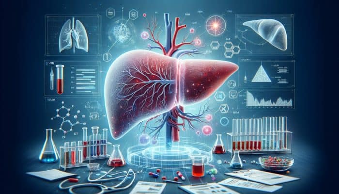 Liver Blood Test in Horley: Illustration of liver with blood vessels, test tubes, and charts showing enzyme and protein levels for health assessment.