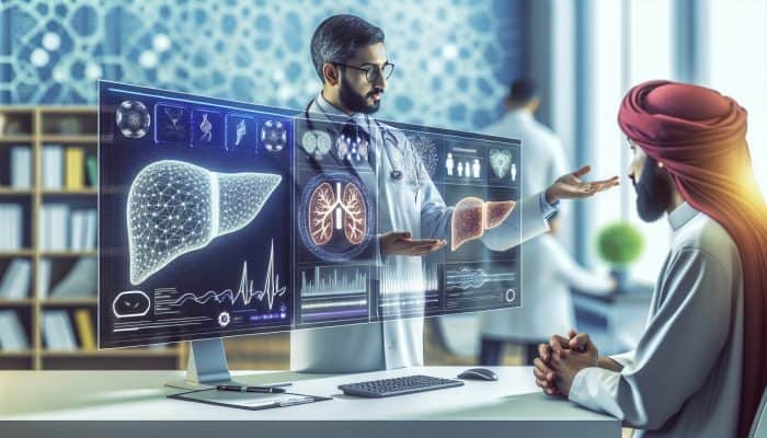 A doctor discussing liver test results and next steps with a patient in a clinic.