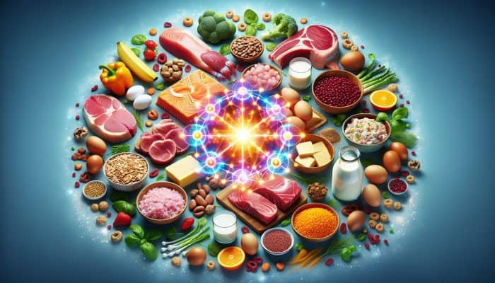 Vitamin B12 Blood Test in Congleton: An array of vitamin B12-rich foods around a model of cobalamin, highlighting its role in nerve and blood cell health.