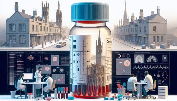 A blood test vial labeled 'Vitamin B12' with doctors analyzing results in a lab, set against Congleton's historic town center.