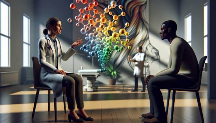 A medical chart showing vitamin B12 test results with color-coded deficiency levels, explained by a doctor to a patient in a clinic.