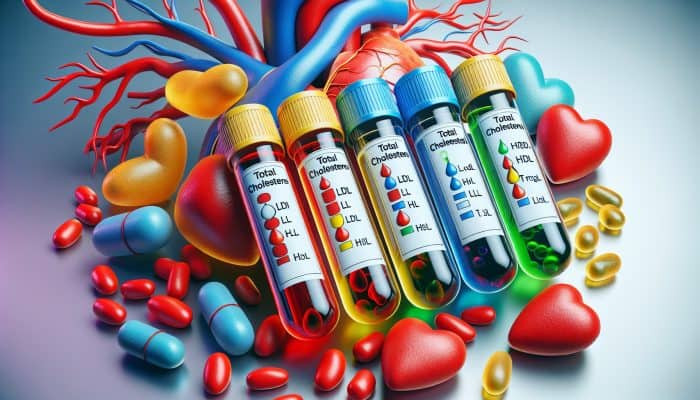Cholesterol Blood Test in Wilmslow: Illustration of a cholesterol blood test with vials labeled total cholesterol, LDL, HDL, triglycerides, and a heart with arteries.