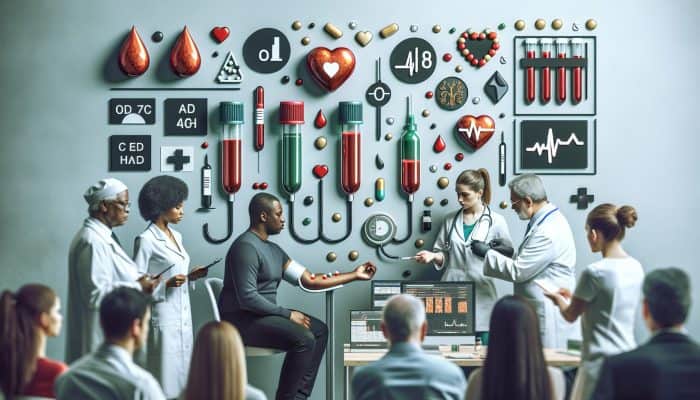A patient receiving a cholesterol blood test, surrounded by medical staff and health risk indicators.