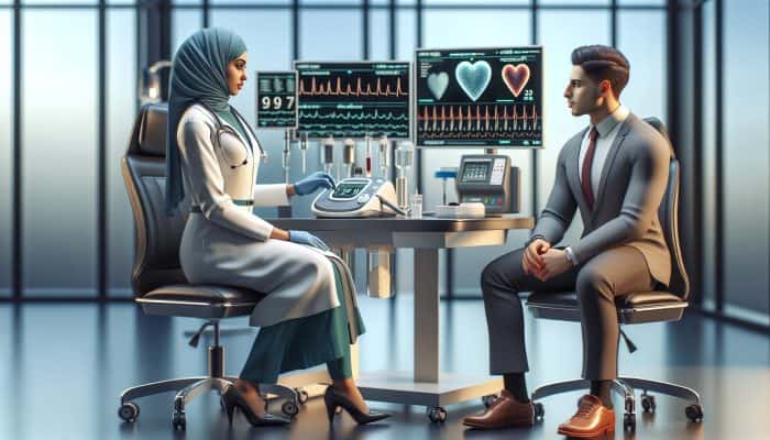 A doctor using a cholesterol testing device on a patient in Wilmslow, showing improved heart health results.