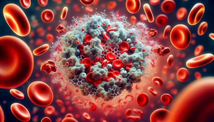 Ferritin Blood Test in Belper: A microscopic view of ferritin molecules storing iron, surrounded by red blood cells and immune cells.