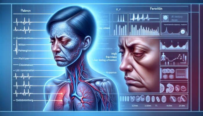 Illustration of ferritin levels: low indicating fatigue and weakness, high suggesting iron overload and potential liver issues.