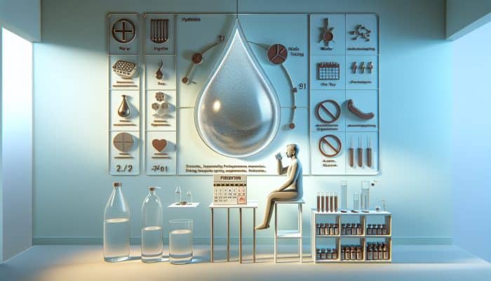 A patient in a calm medical environment hydrating, with reminders and a calendar for ferritin test preparation.