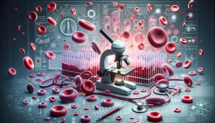 FBC Test In Heanor: Illustration of Full Blood Count test with blood cells and diagnostic tools.