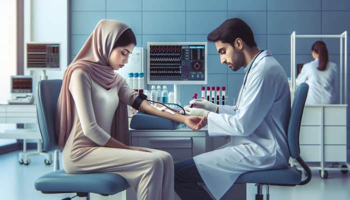Patient calmly seated in a serene medical lab, nurse drawing blood for FBC test, modern equipment.