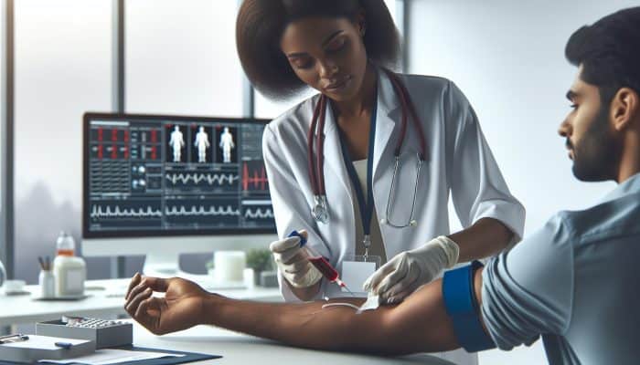 A healthcare professional drawing blood from a patient's arm in a clinic, using a vial, ensuring minimal discomfort.