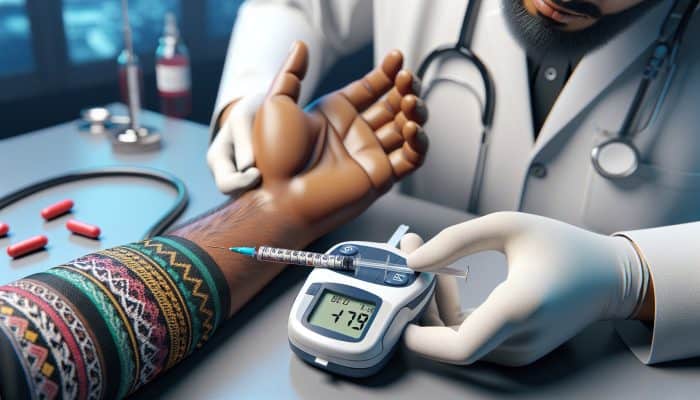 Diabetes Blood Test in Chester-Le-Street: A medical professional drawing blood from a patient's arm, with a glucose meter showing high blood sugar levels in a clinic.